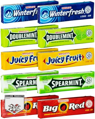 Wrigley’s Chewing Gum Variety Pack of 10 - All 5 Flavors of Wrigley Gum - Juicy Fruit, Spearmint, Doublemint, Winter Fresh, and Big Red - Bundle with Ballard Products Pocket Bag